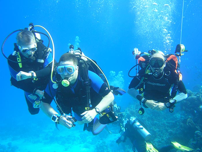 Underwater photo of three divers
